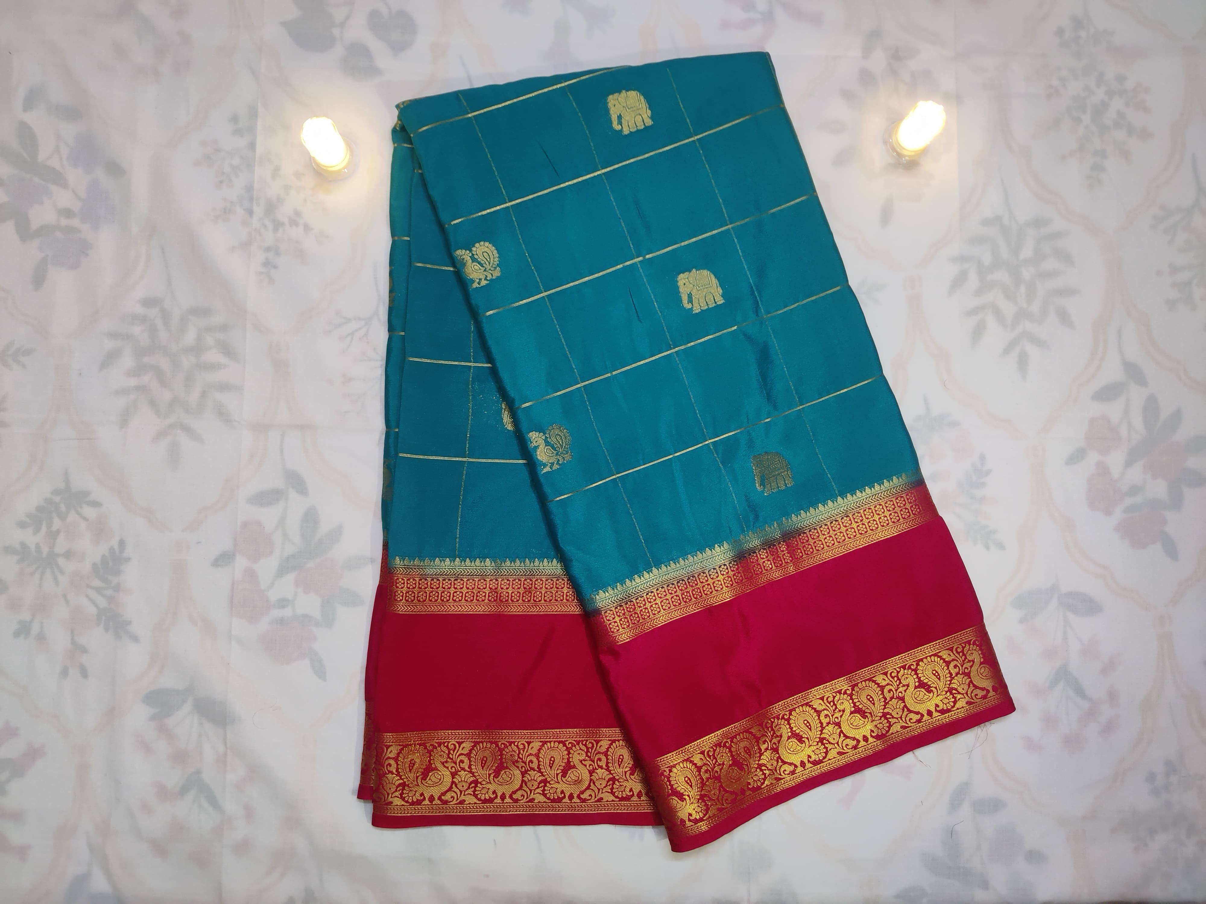 Teal Blue (Deep Aqua/Peacock Blue) - Premium Mysore Semi Silk Saree