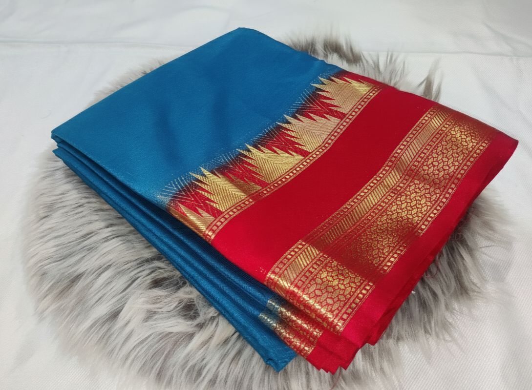 Blue and Red Saree With Golden Borders - Temple Double Design.