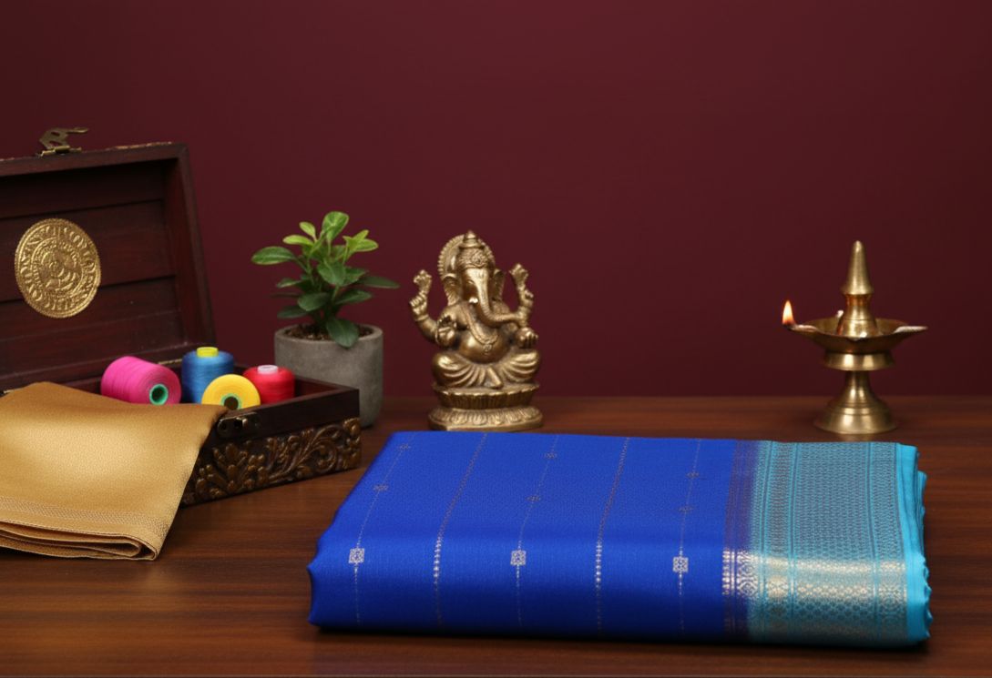 Deep Aqua Blue - Crepe Contrast With Rich Border and Line Zari's.