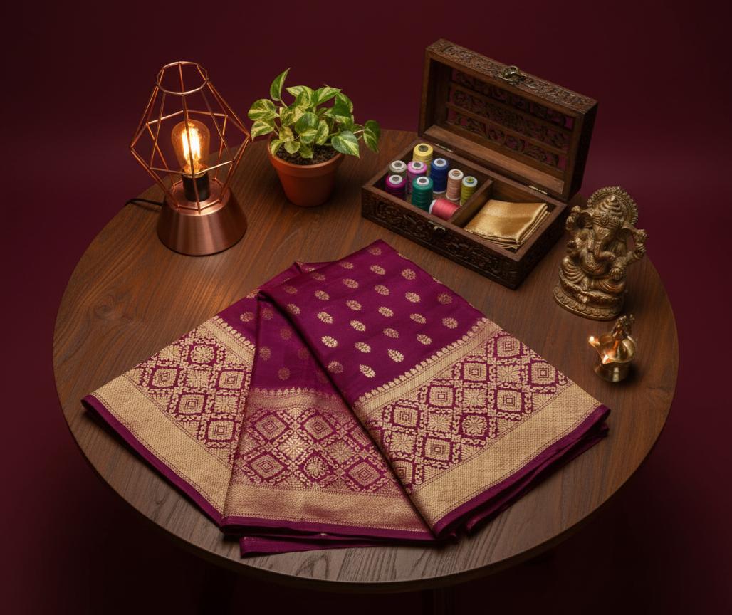 Elegant Maroon Saree With Golden Zari Work