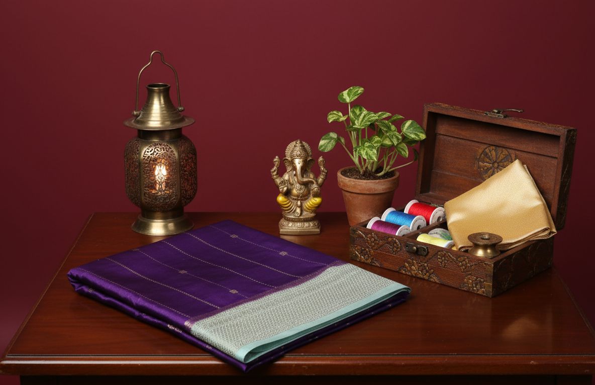 Purple saree with an Olive/Chartreuse Green border and Gold Zari work.