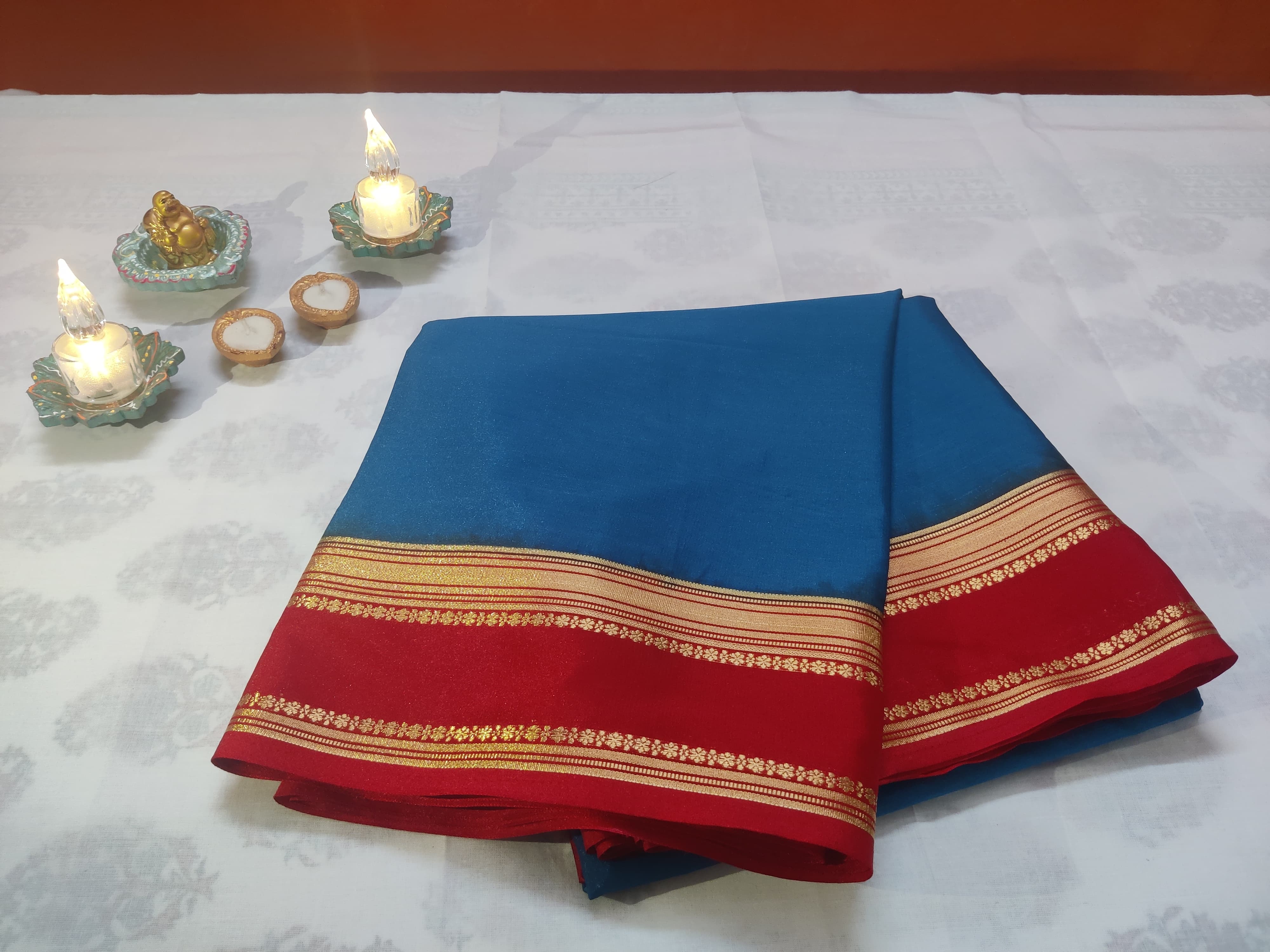Peacock Blue and Red Contrast Bentex Border Saree