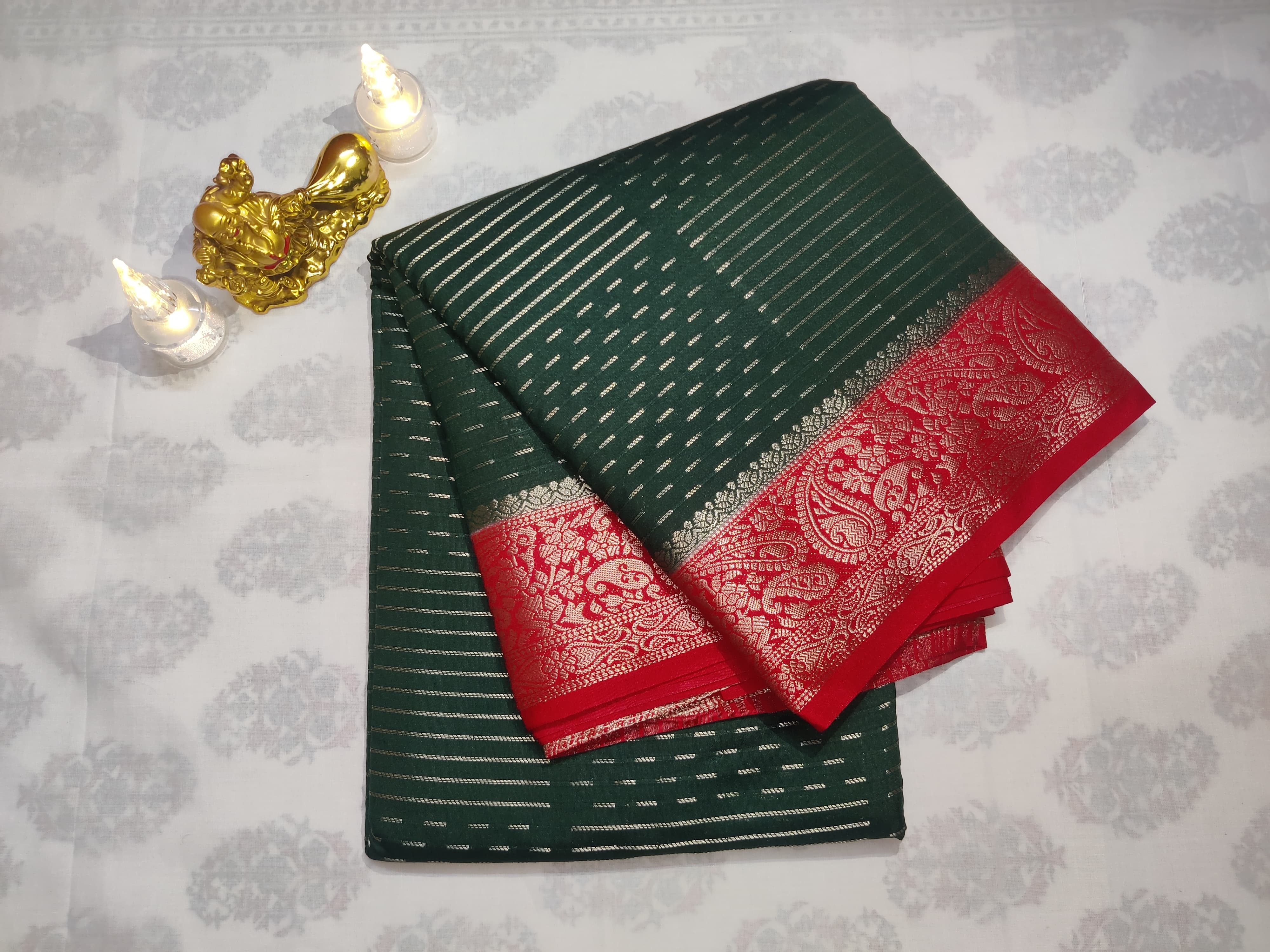Dark Green and Red Golden Border Cadbury Saree