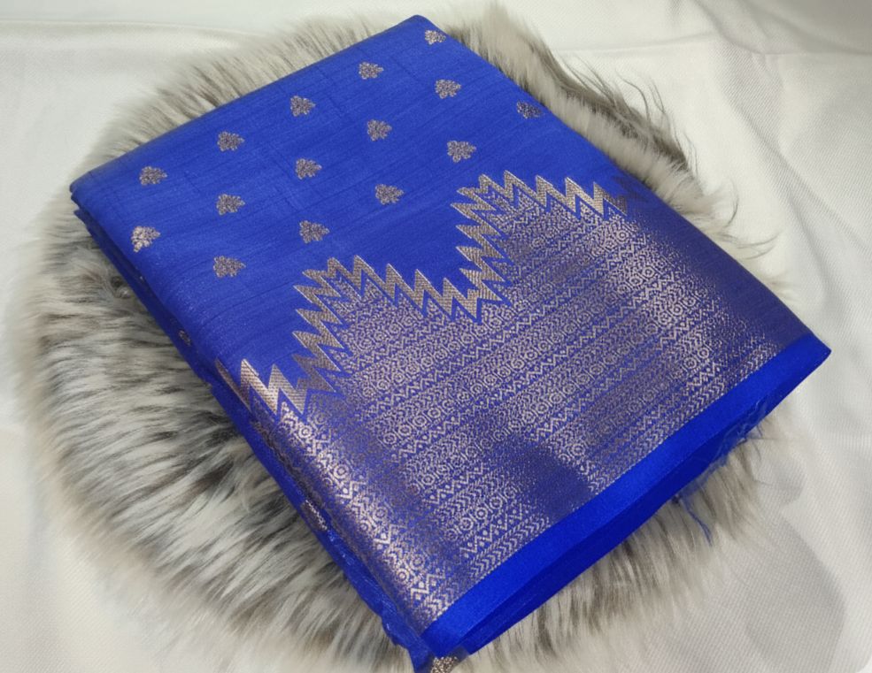 Temple Design - Blue Tusser Butta Saree