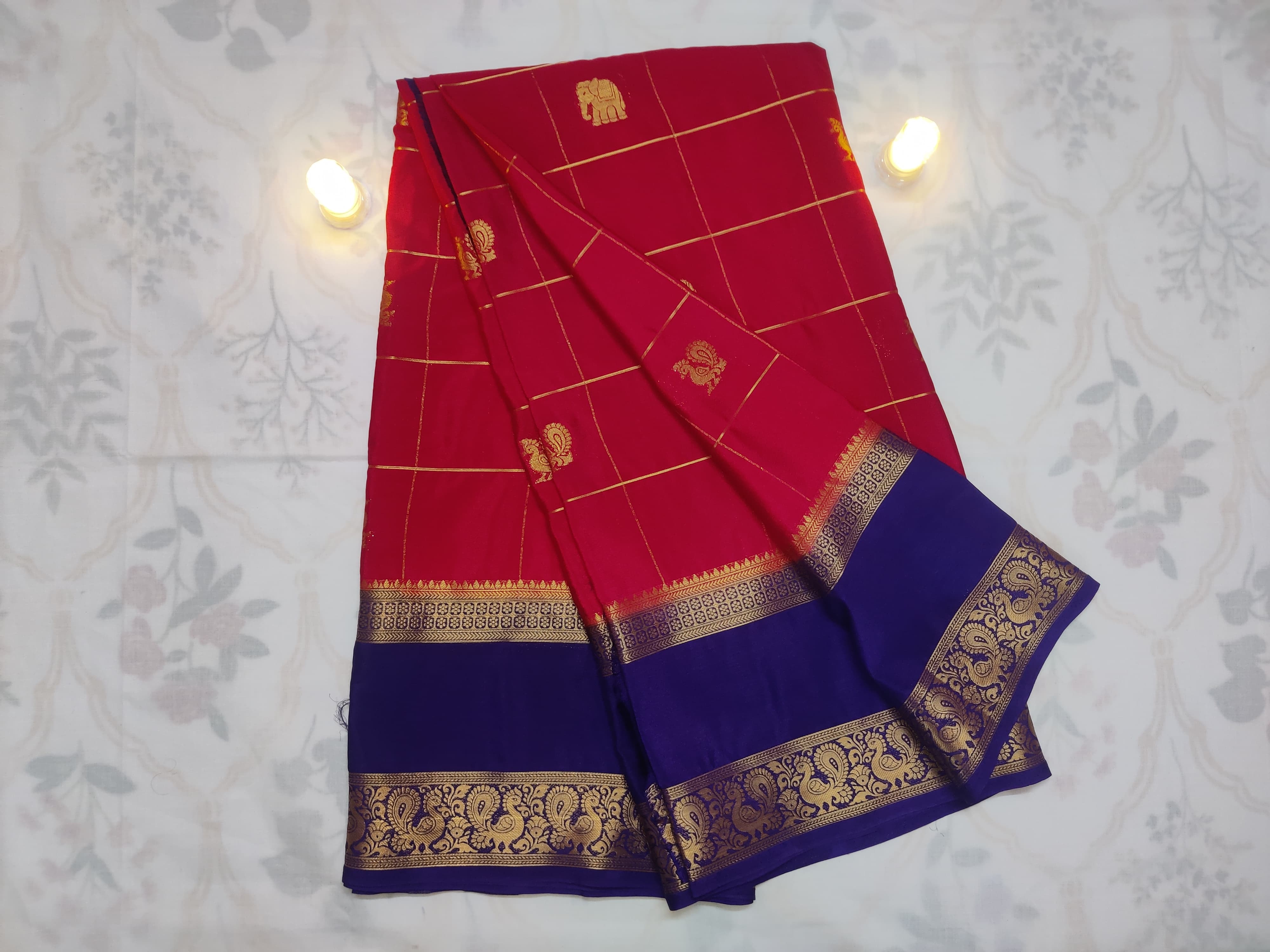 Red with Vibrant Royal Blue - Premium Mysore Semi Silk Saree