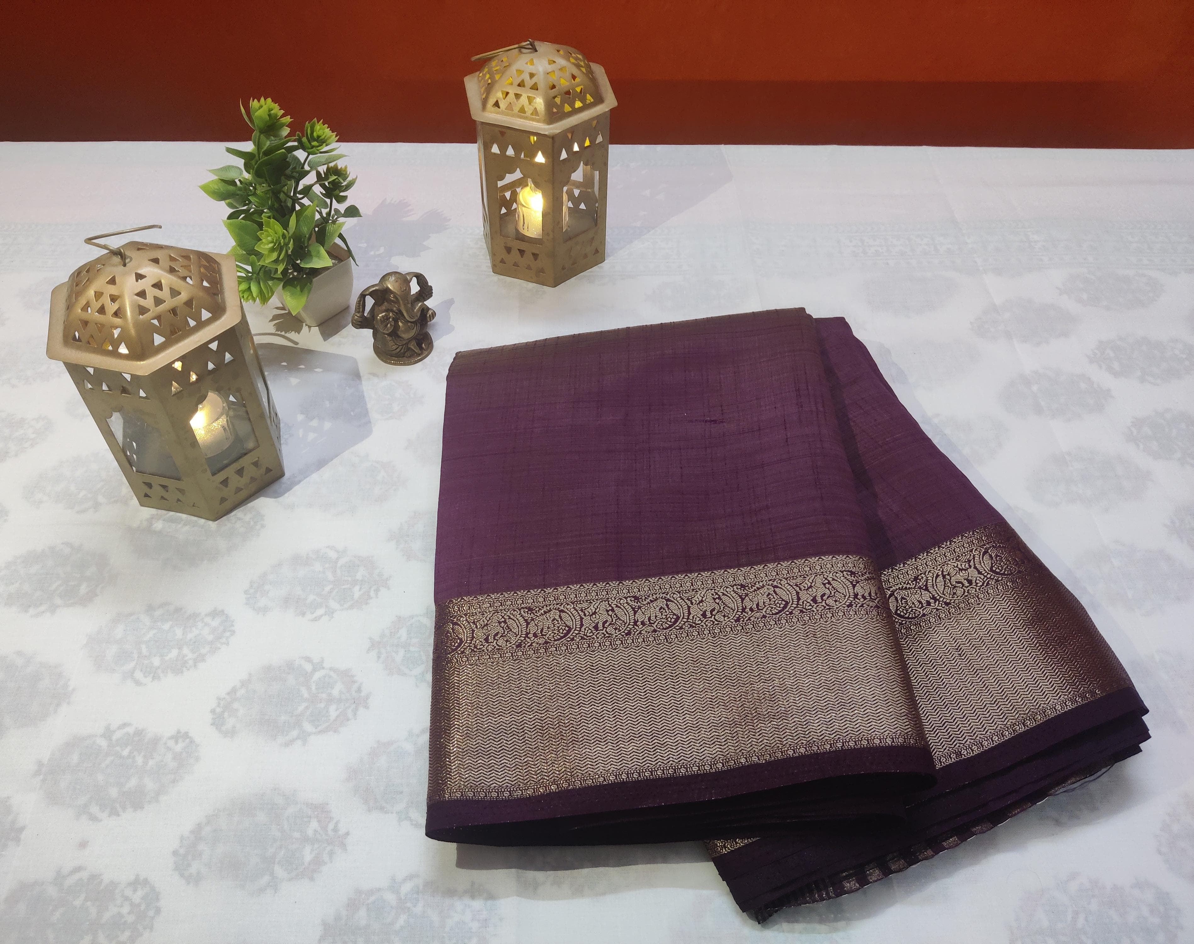 Dark Plum Color Tussar Saree With Rich Design Golden Border
