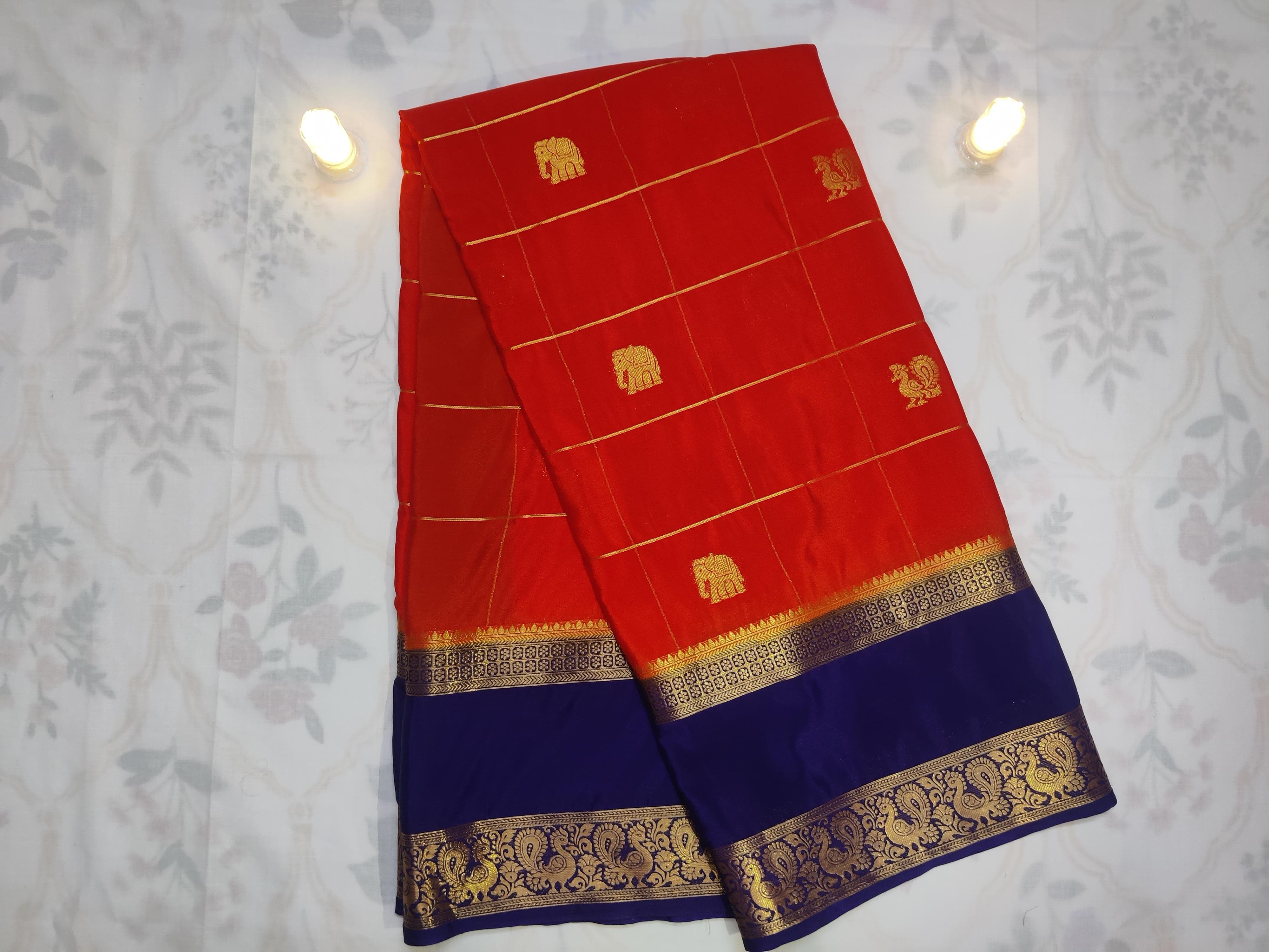 The Grand Wedding Heritage: Crimson Red & Royal Blue Mysore Semi Silk Saree