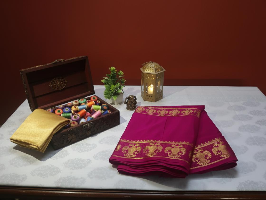 Traditional Pink Semi Crepe Gandaberunda Premium Saree