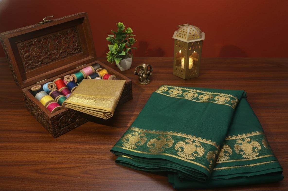 Green Semi Crepe Saree with Golden Gandaberunda Double Border