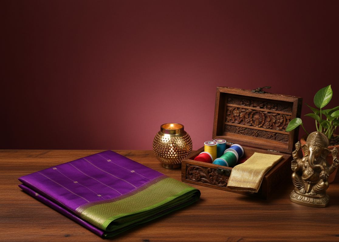 Purple and Green Silk Saree - Crepe Contrast With Rich Border and Line Zari's.