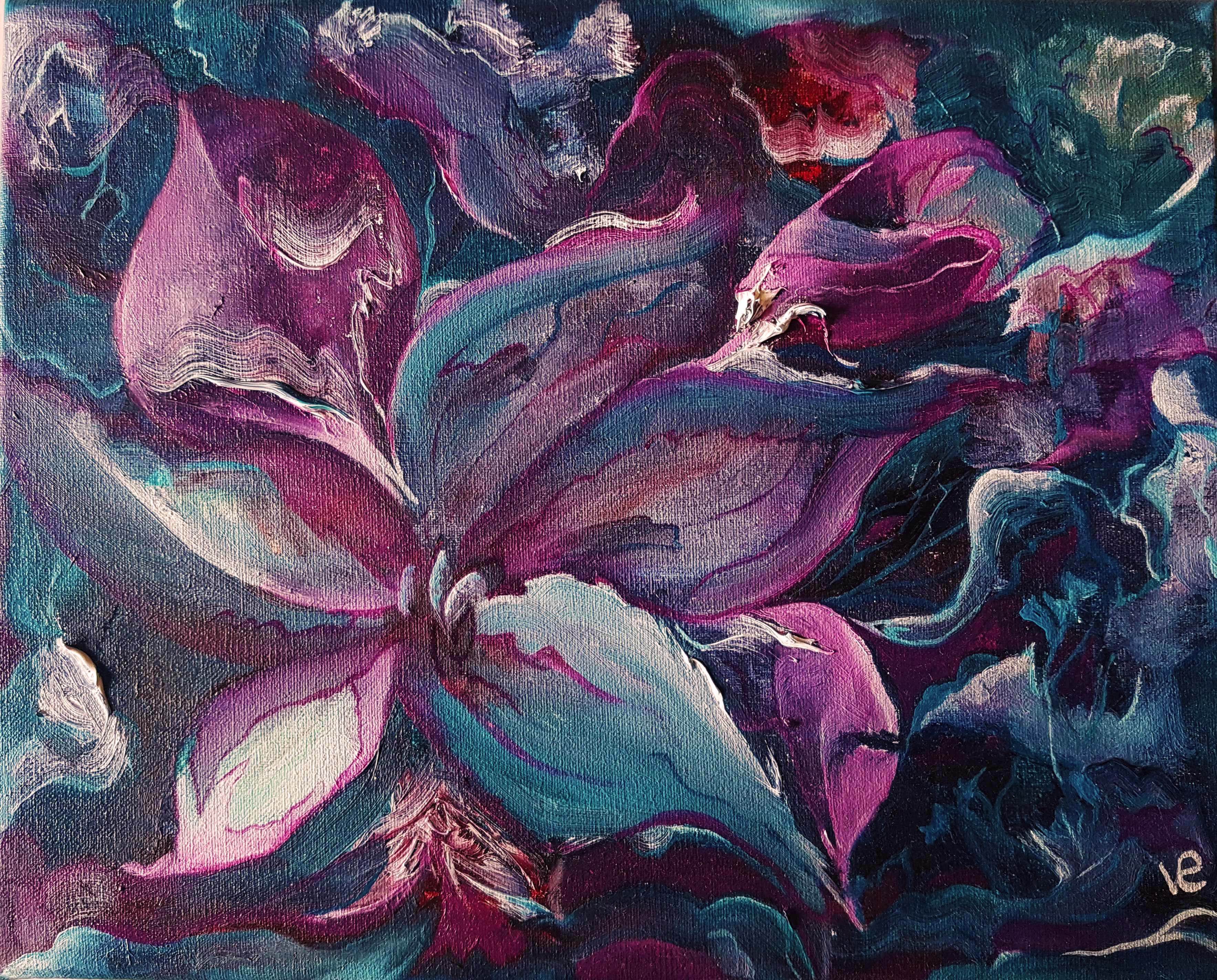 Entre cyanes y magentas, nace ella | oleo | 20cm x 25cm