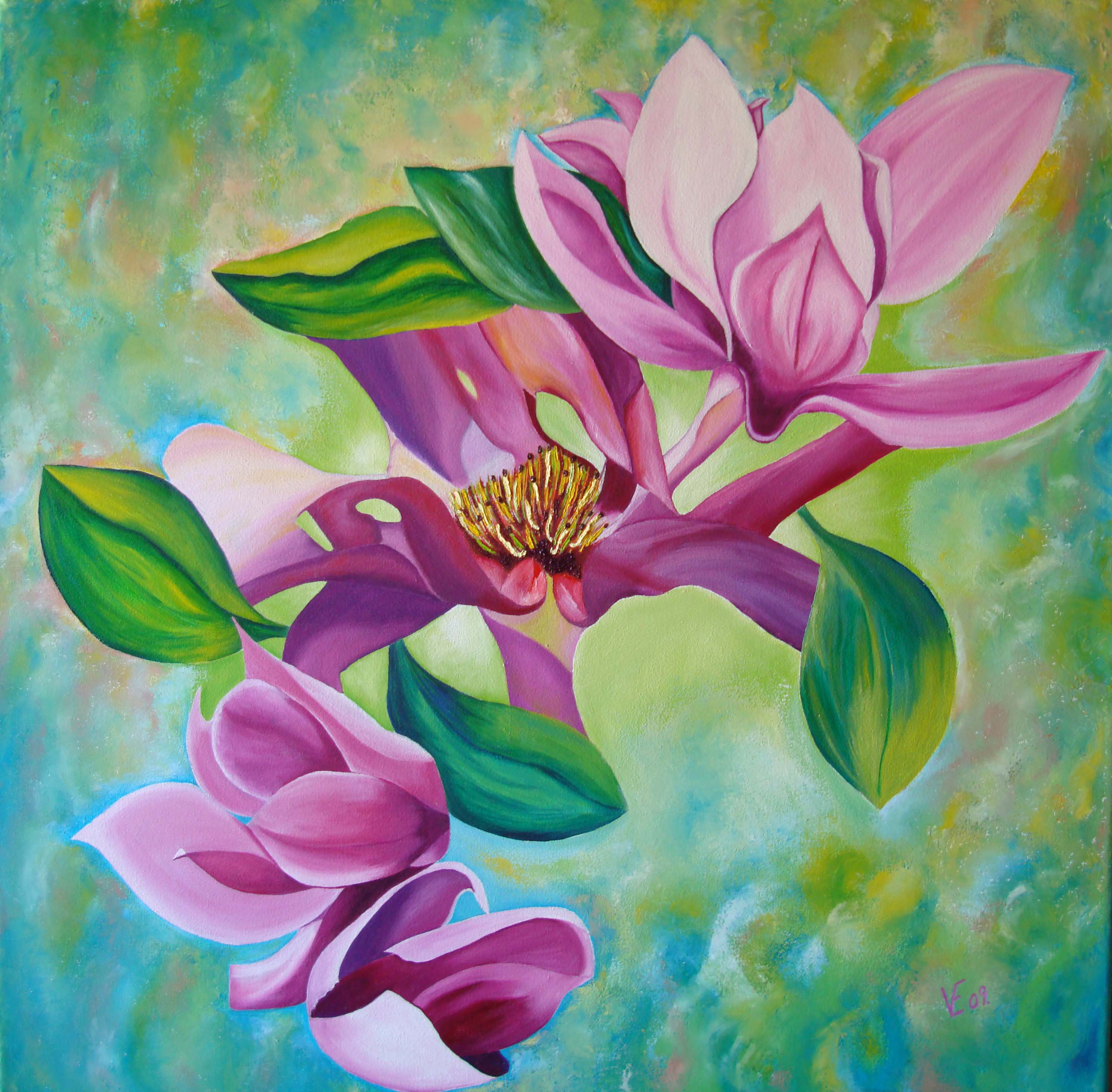 Magnolia en magenta. Oleo. 80cm x 80cm