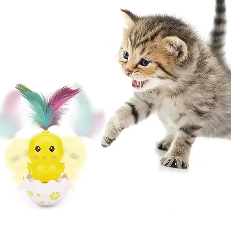 NUXIE® žaislas katėms, kiaušinio formos viščiuas su plunksnomis, stiklinės stovas