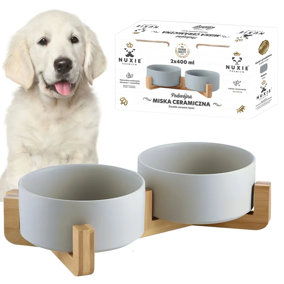 NUXIE PREMIUM® dvigubas keraminis dubenėlis šunims ir katėms ant stovo, pilkas, 800 ml