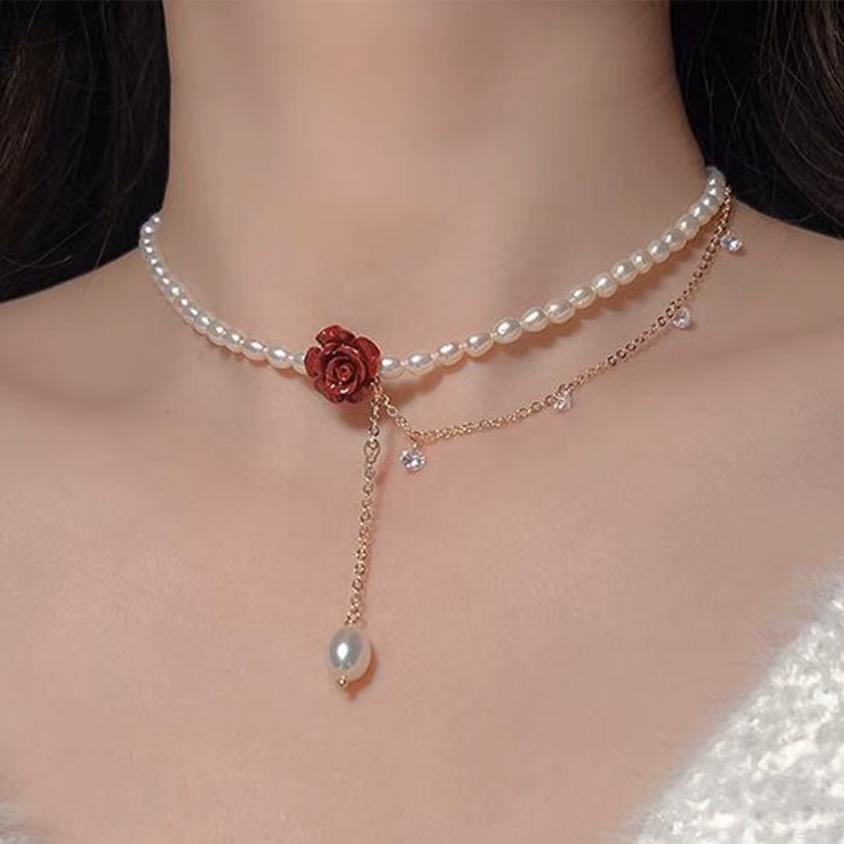 Faux Pearl and Rose Choker Necklace