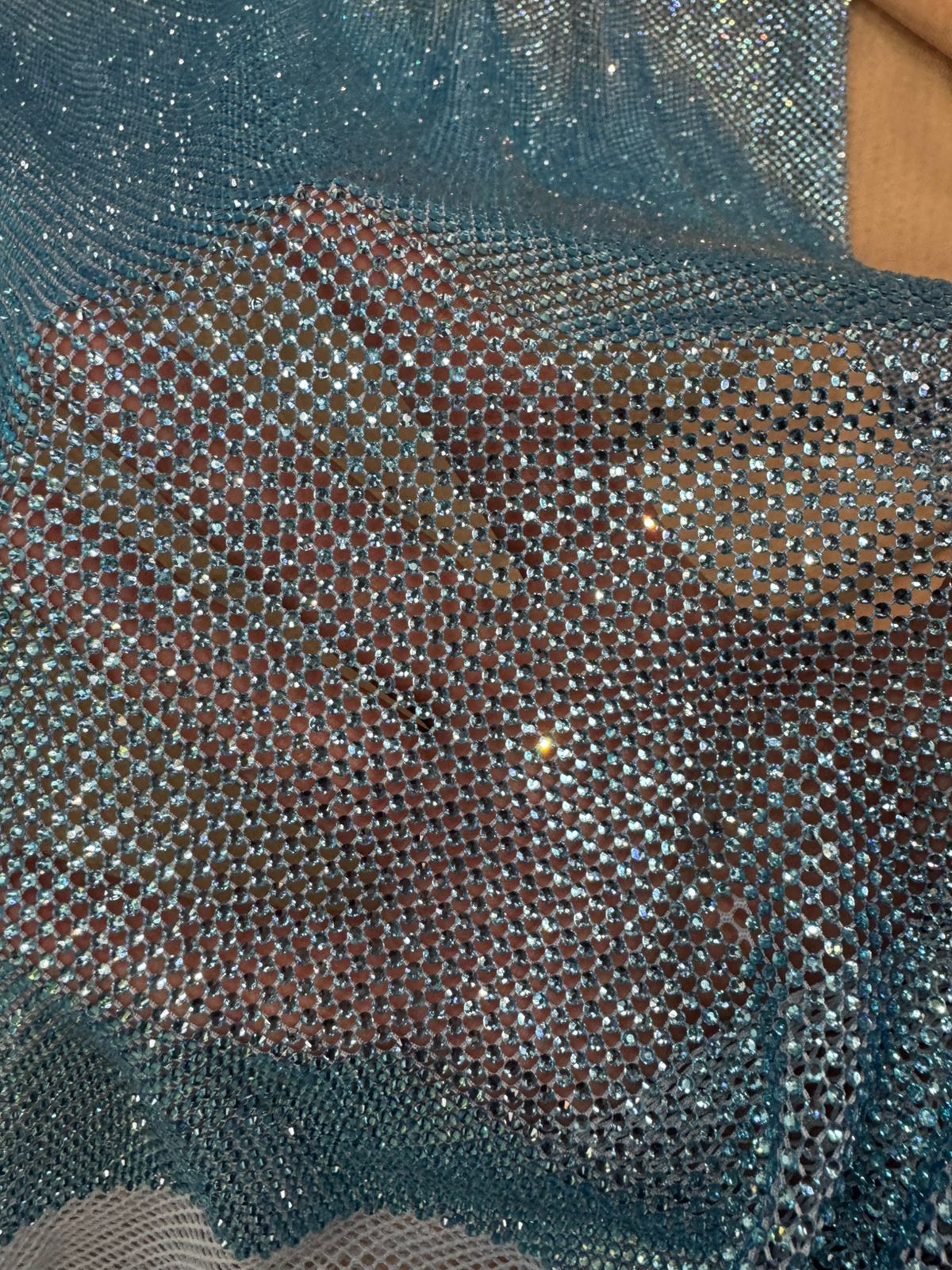Blue Rhinestone Mesh Fabric