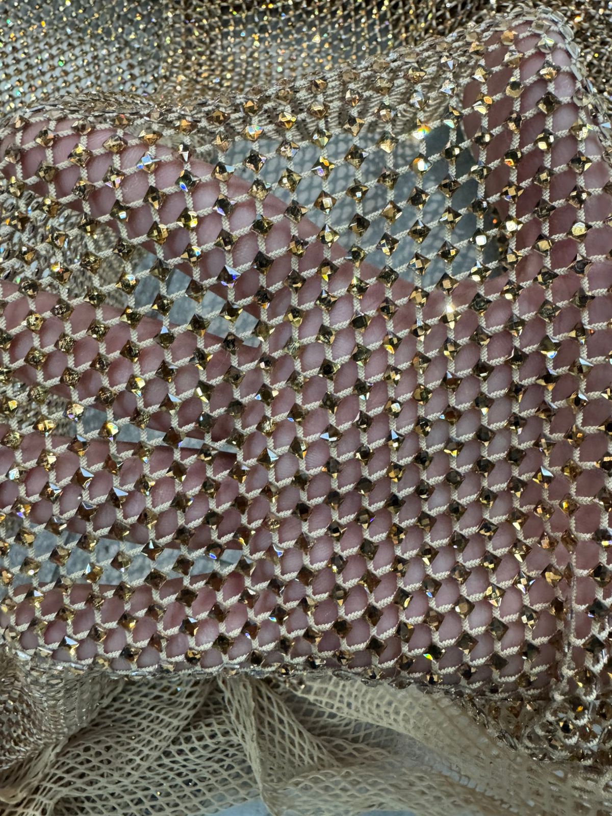 Gold Rhinestone Mesh Fabric