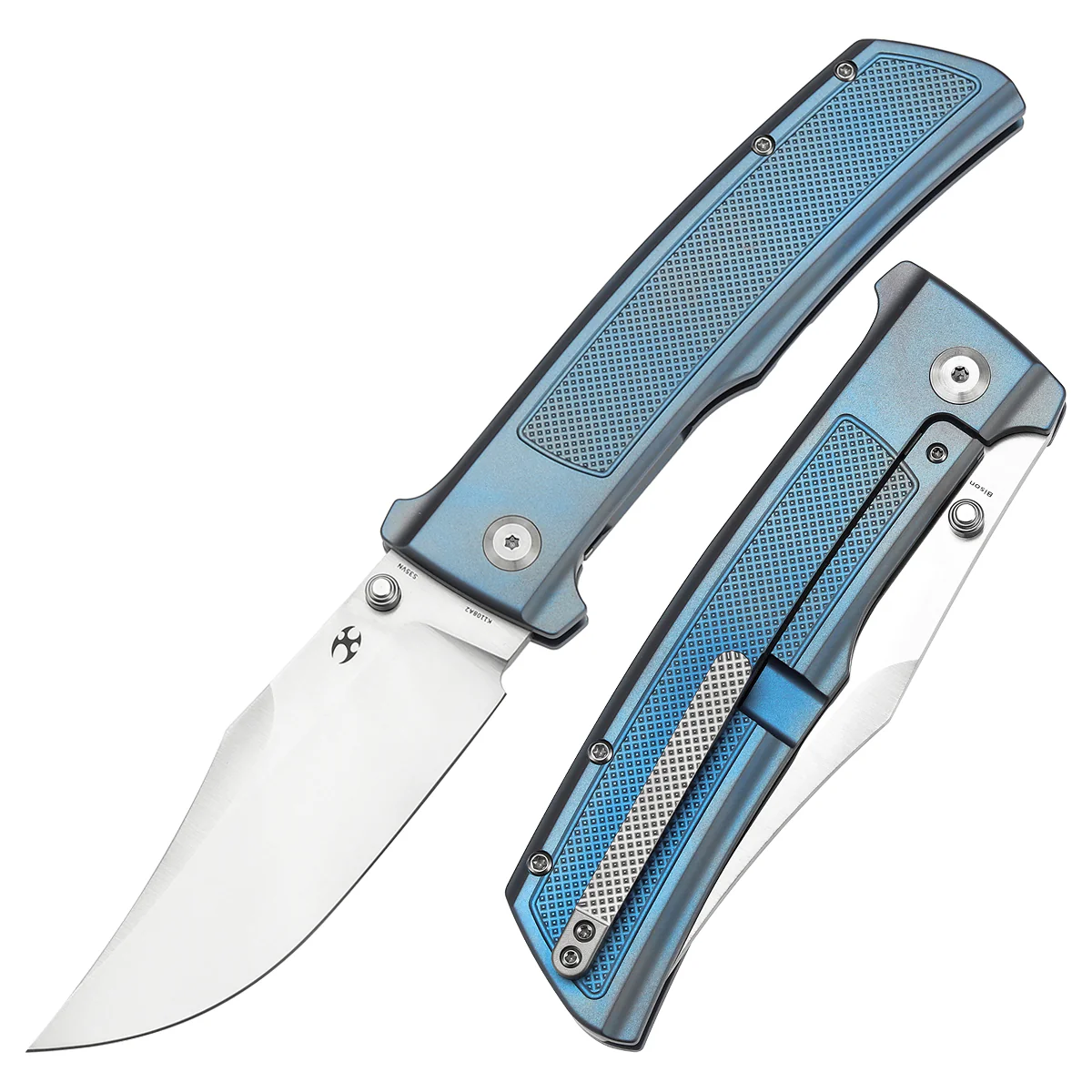 KANSEPT Bison Thumb Stub Blue Anodized Titanium with Frag Pattern Handle (4.25" CPM S35VN Blade) 