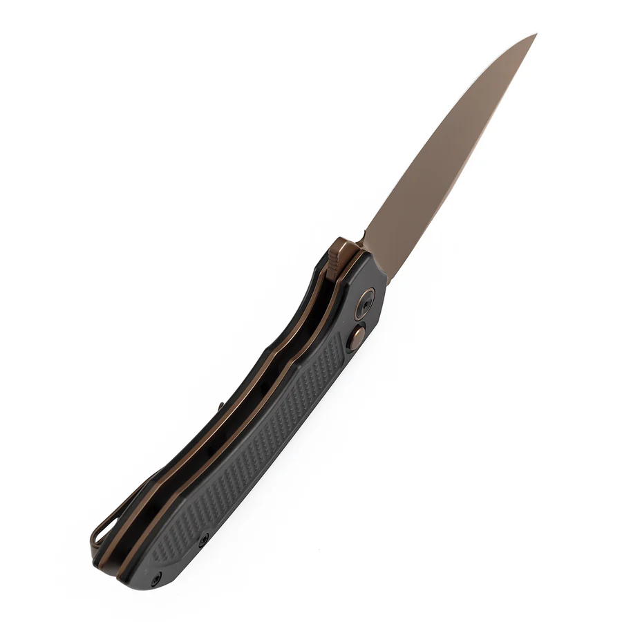 Entity Button Lock Folding Knife - 3.52'' Rose Gold 14C28N Blade| Black Aluminum Handle