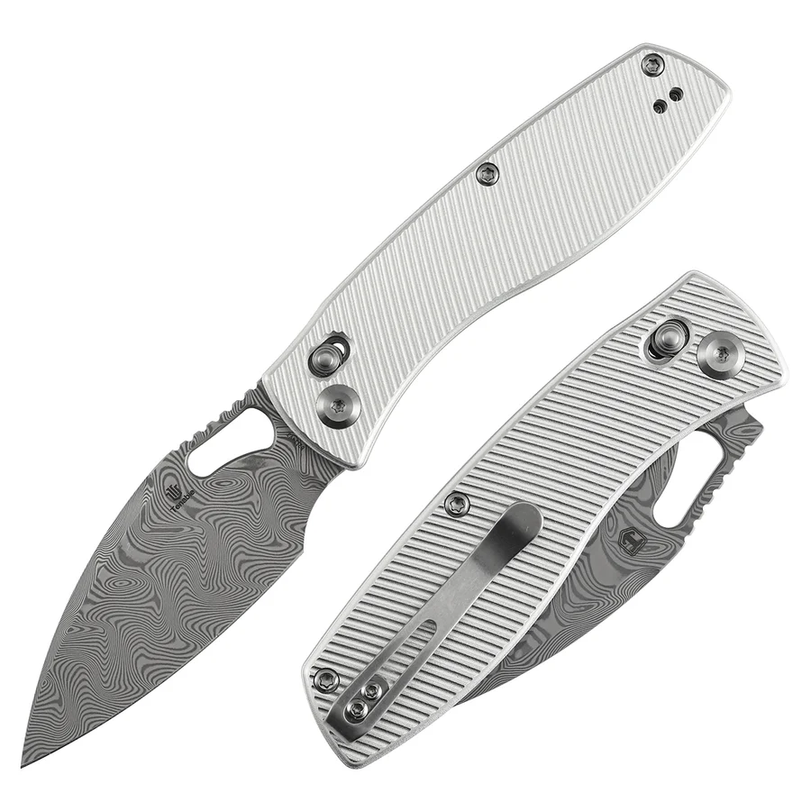 Heron Crossbar Lock Folding Knife - 3.13" Water Ripple Damascus Blade | Beadblasted Aluminum Handle 