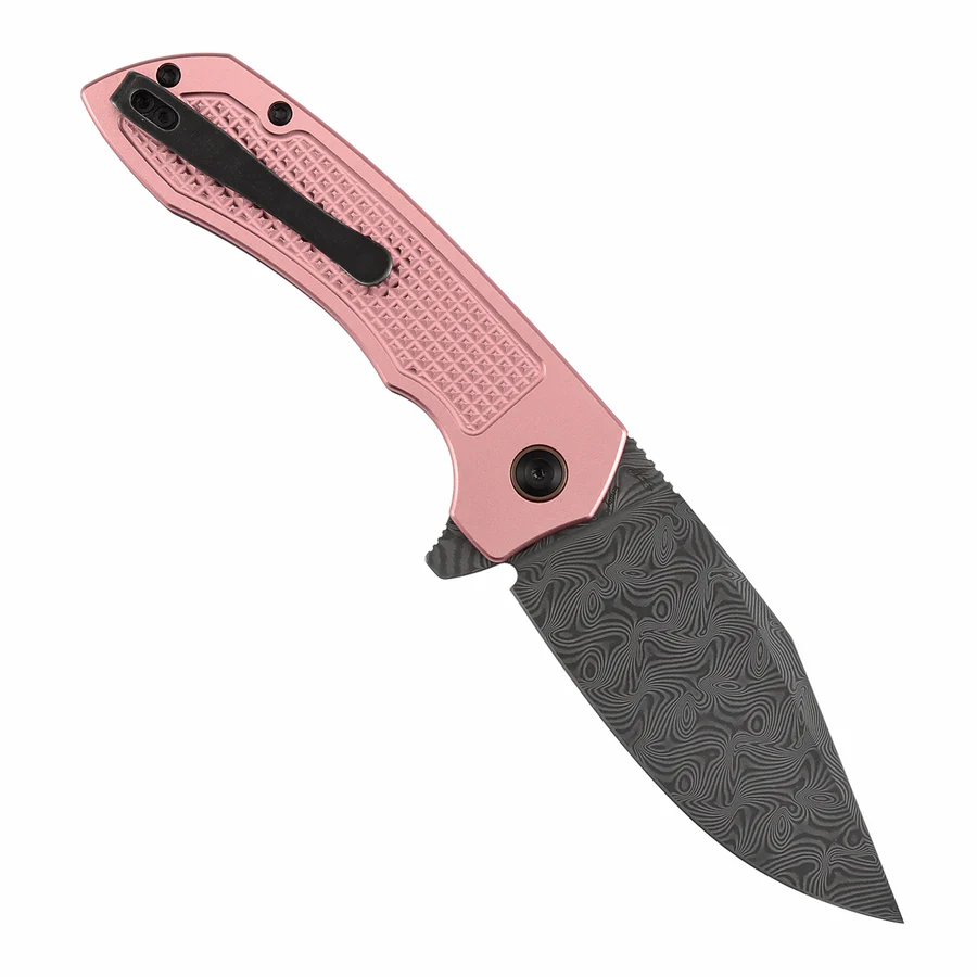 Entity Button Lock Flipper Knife - 3.52'' Water Ripple Damascus Blade| Rose Gold Aluminum Handle