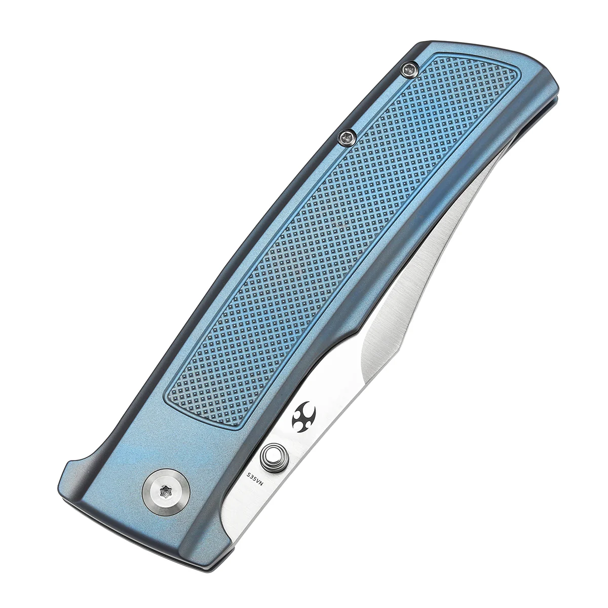 KANSEPT Bison Thumb Stub Blue Anodized Titanium with Frag Pattern Handle (4.25" CPM S35VN Blade) 