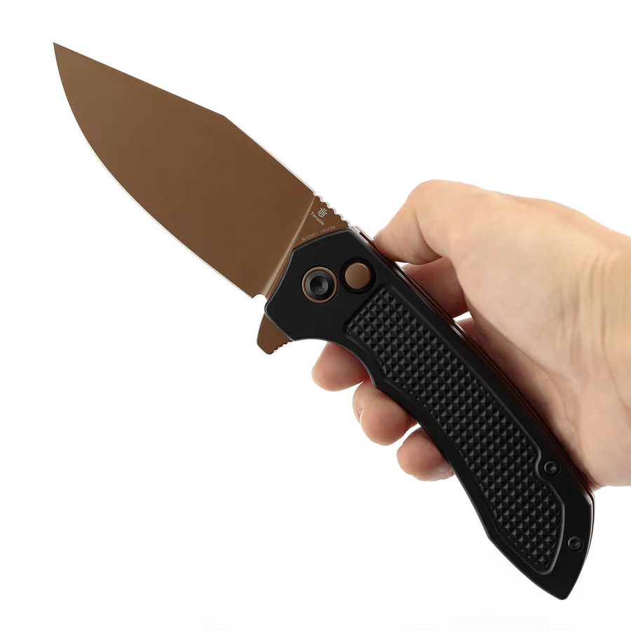 Entity Button Lock Folding Knife - 3.52'' Rose Gold 14C28N Blade| Black Aluminum Handle