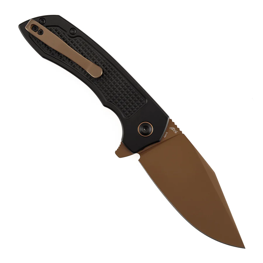Entity Button Lock Folding Knife - 3.52'' Rose Gold 14C28N Blade| Black Aluminum Handle