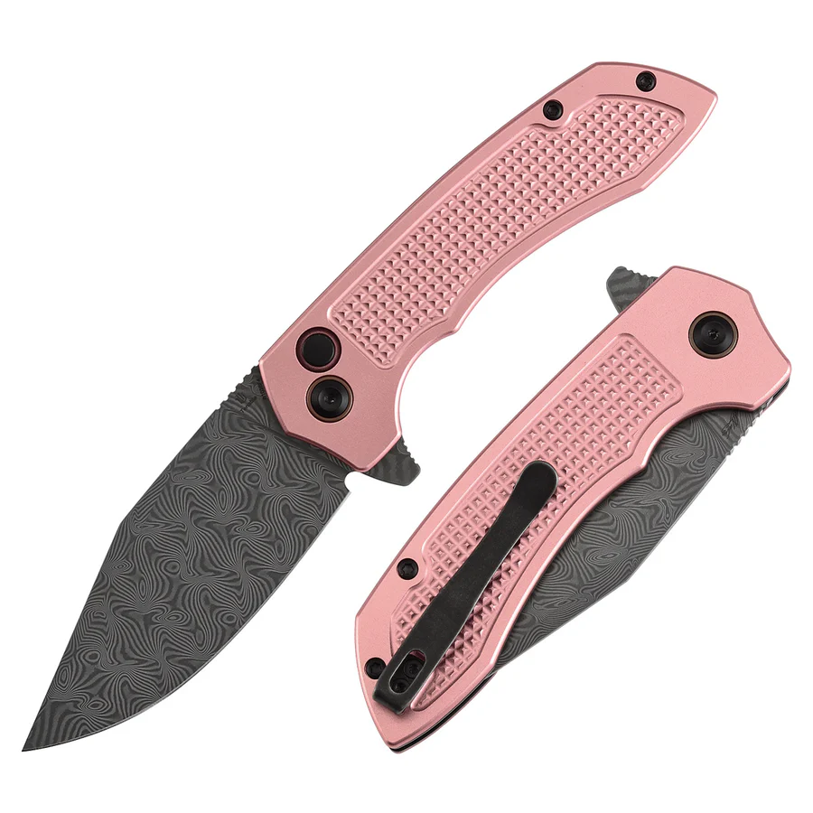 Entity Button Lock Flipper Knife - 3.52'' Water Ripple Damascus Blade| Rose Gold Aluminum Handle