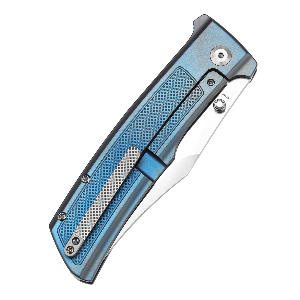 KANSEPT Bison Thumb Stub Blue Anodized Titanium with Frag Pattern Handle (4.25" CPM S35VN Blade) 