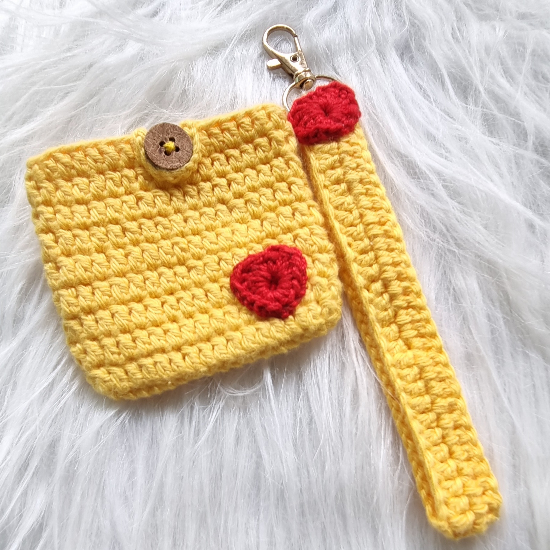 Handmade Yellow Crochet Coin Purse with Heart Accent