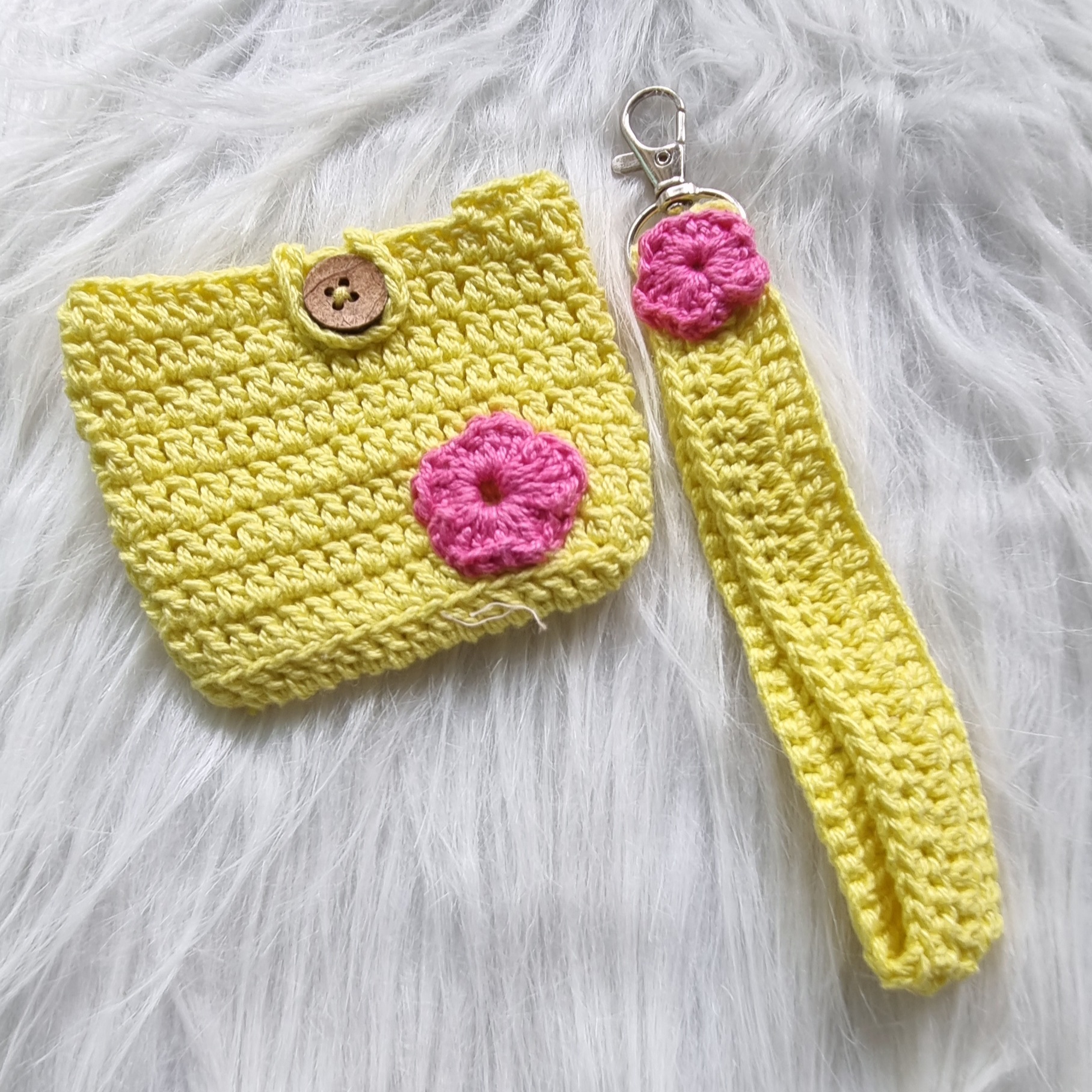 Handmade Yellow Crochet Keychain and Pouch Set