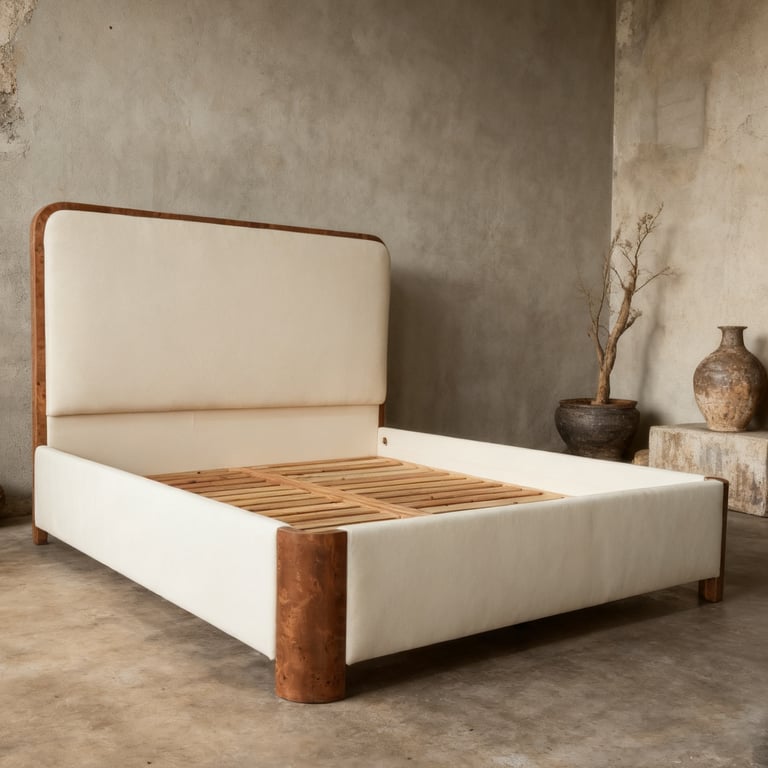 Mappa Burl Sculptural Bed with Floating Linen Headboard 