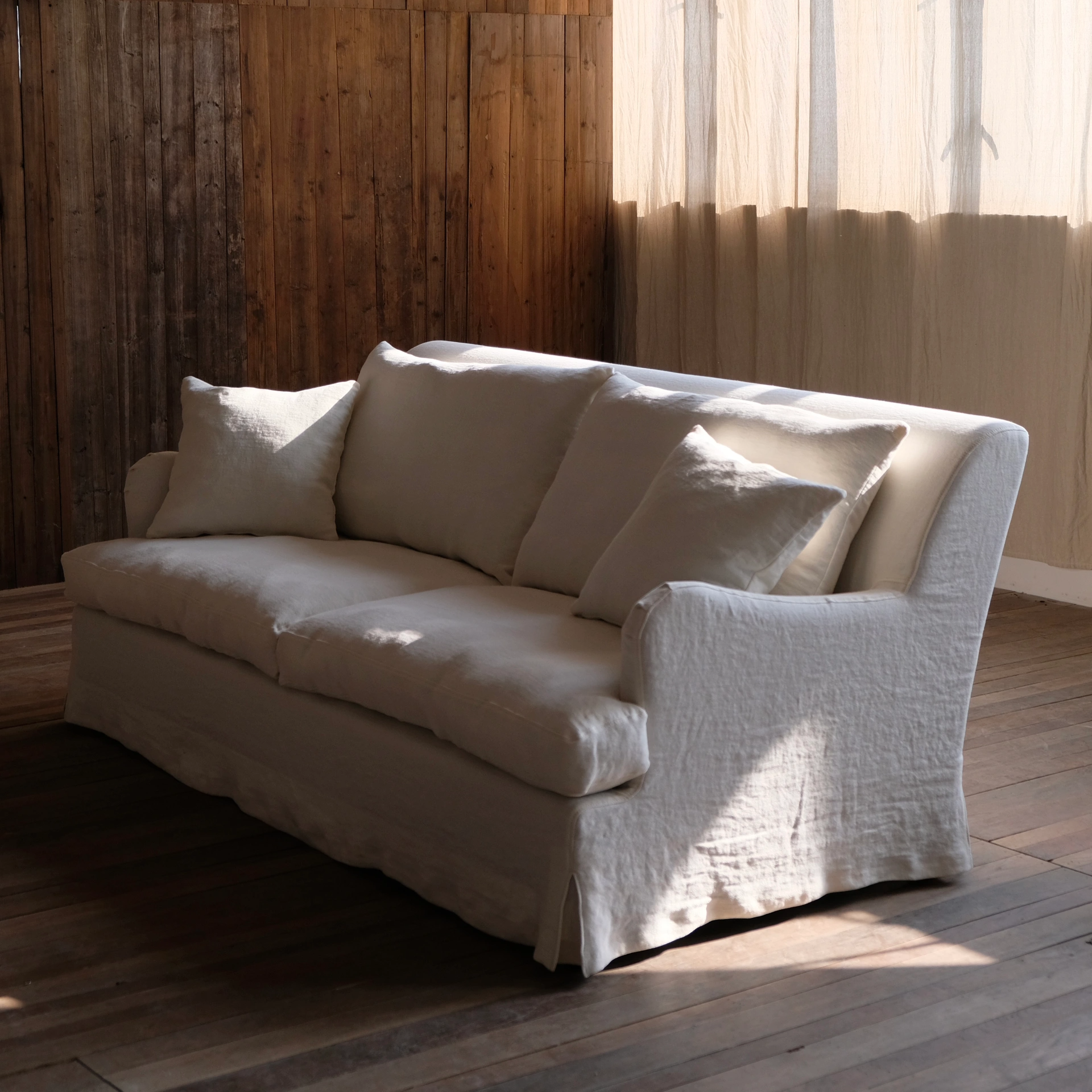 Campbell Modern White Belgian Linen Slipcovered Sofa, washable linen couch