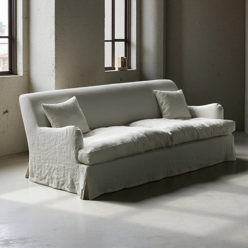 Campbell Modern White Belgian Linen Slipcovered Sofa, washable linen couch