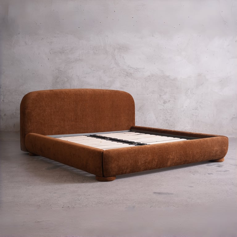 Nestle Bed Velvet Upholstery- 70s Inspired Curved Bed with Cloud-Like Bed Frame