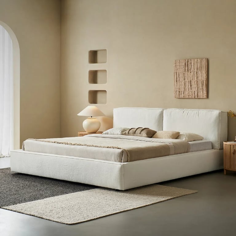 Cube Bed Modern Upholstered Slipcovered Box Platform Bed Frame
