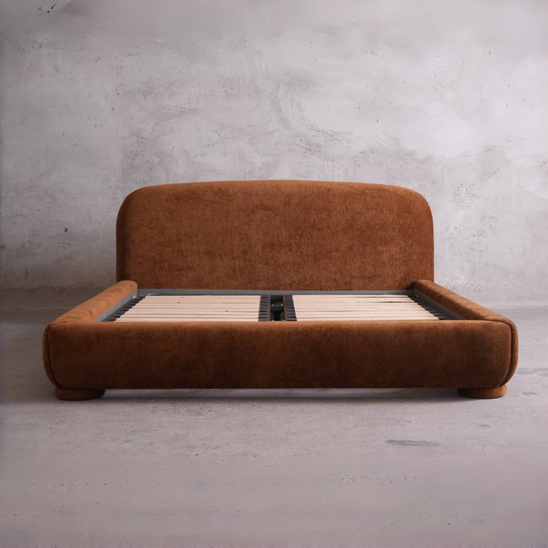 Nestle Bed Velvet Upholstery- 70s Inspired Curved Bed with Cloud-Like Bed Frame