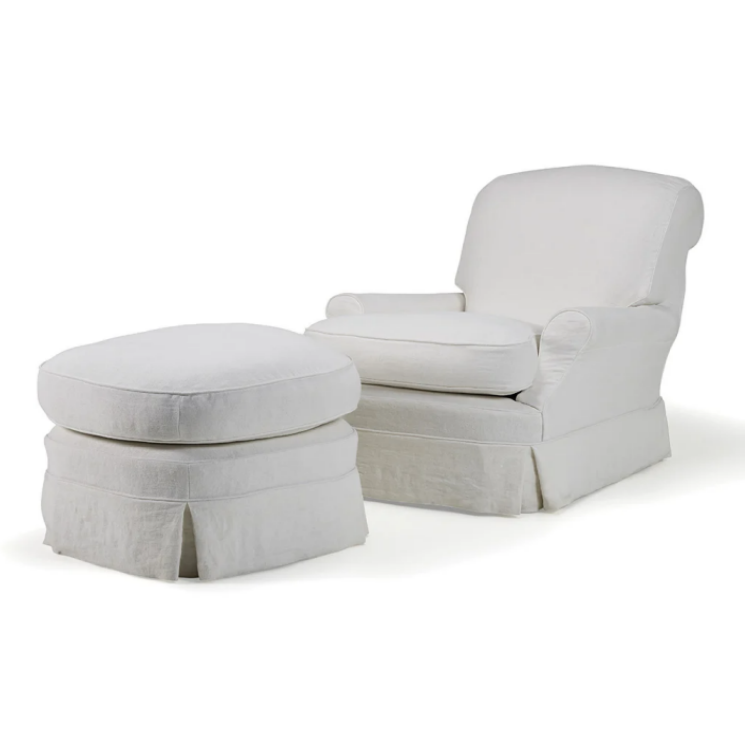 Claire Linen Slipcovered Rolled Armchair with Pouf