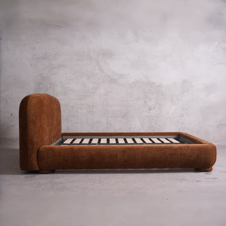 Nestle Bed Velvet Upholstery- 70s Inspired Curved Bed with Cloud-Like Bed Frame