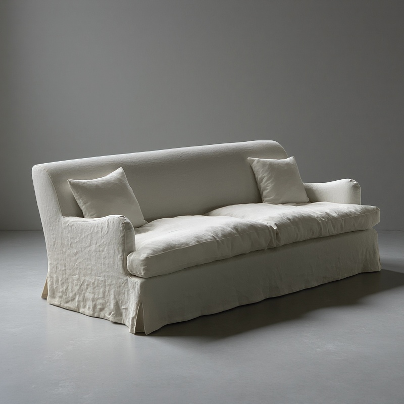 Campbell Modern White Belgian Linen Slipcovered Sofa, washable linen couch