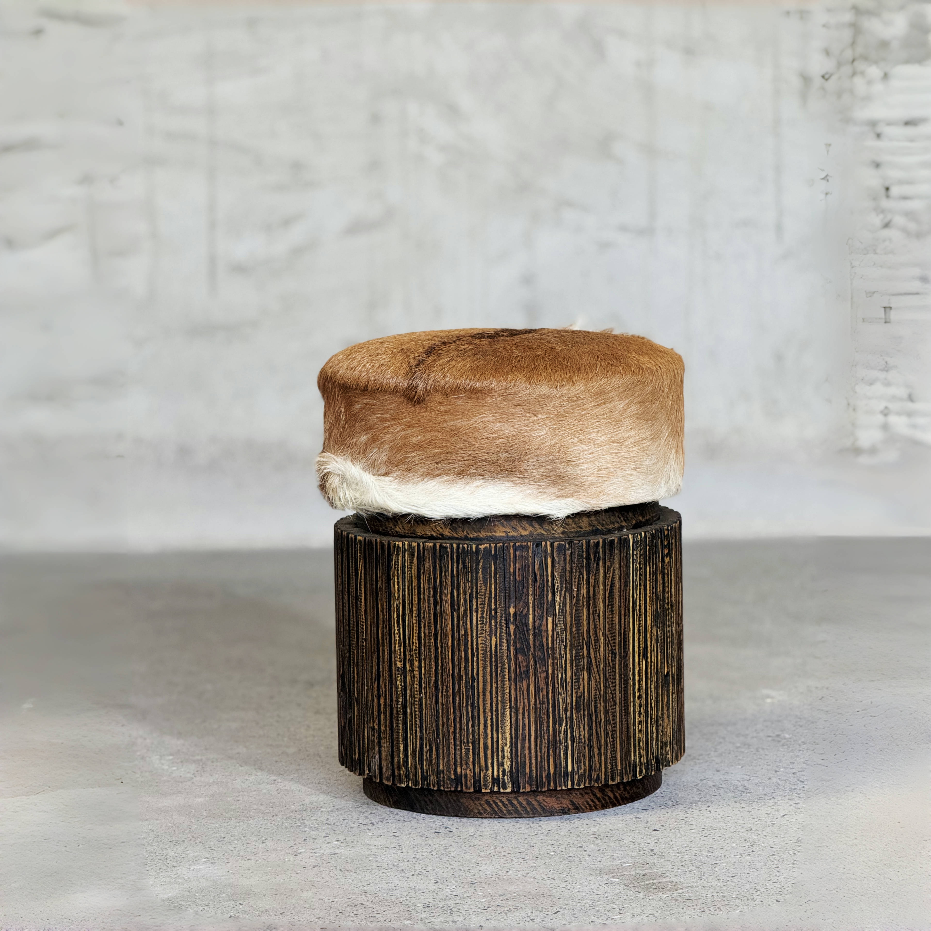 Luxury Faux Fur Ottoman with Wooden Legs Stool