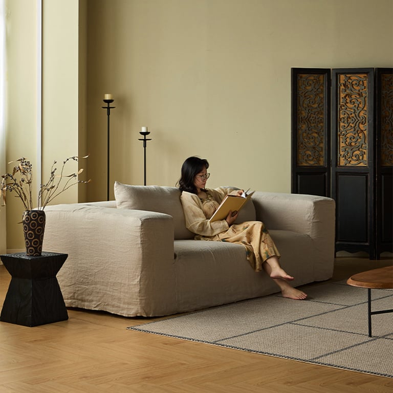 Square Modern Linen Slipcovered Square Sofa Couch