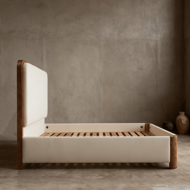 Mappa Burl Sculptural Bed with Floating Linen Headboard 