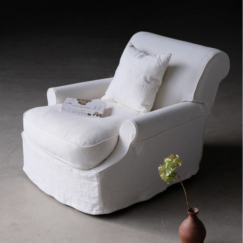 Claire Linen Slipcovered Rolled Armchair with Pouf