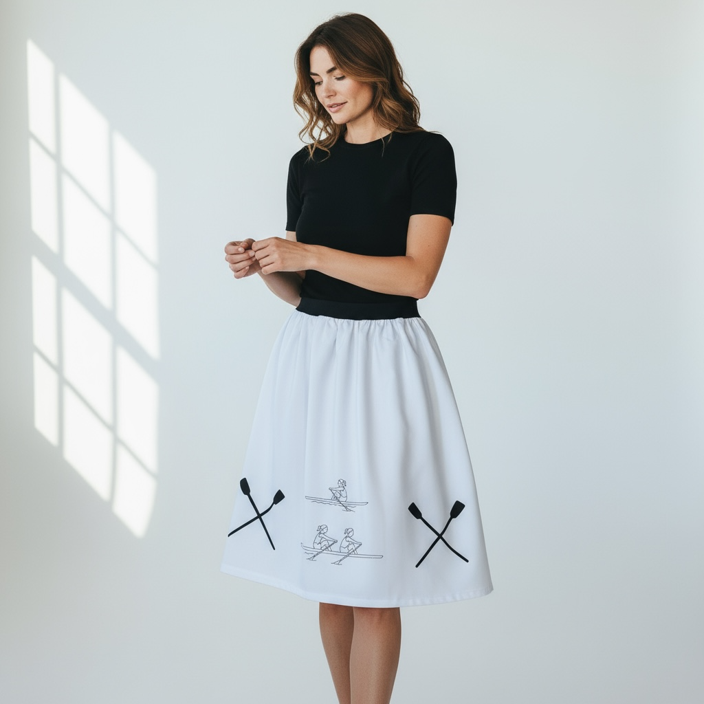 Baltas sijonas, siuvinėtas irklavimo motyvais