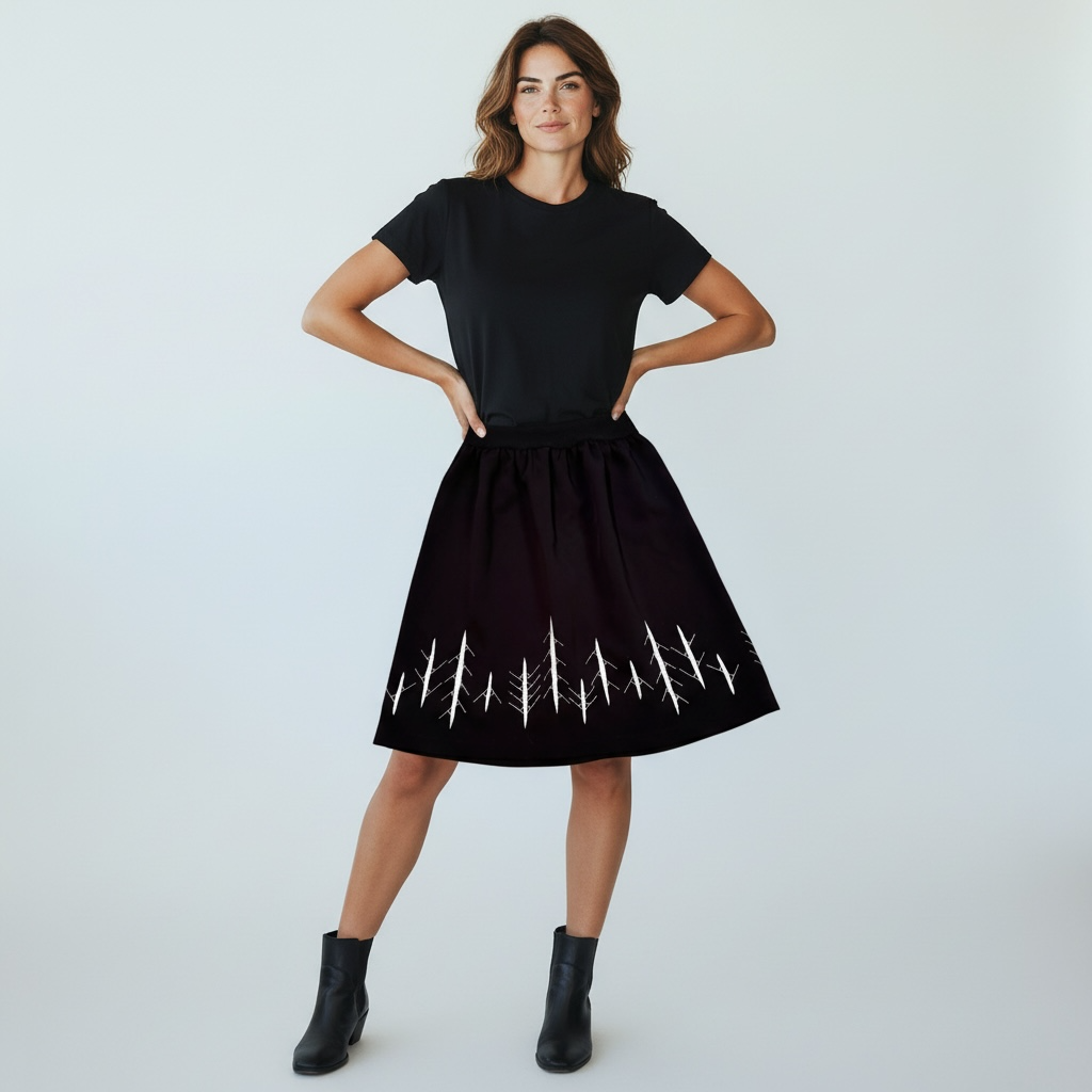 Juodas sijonas, siuvinėtas valčių piešiniu