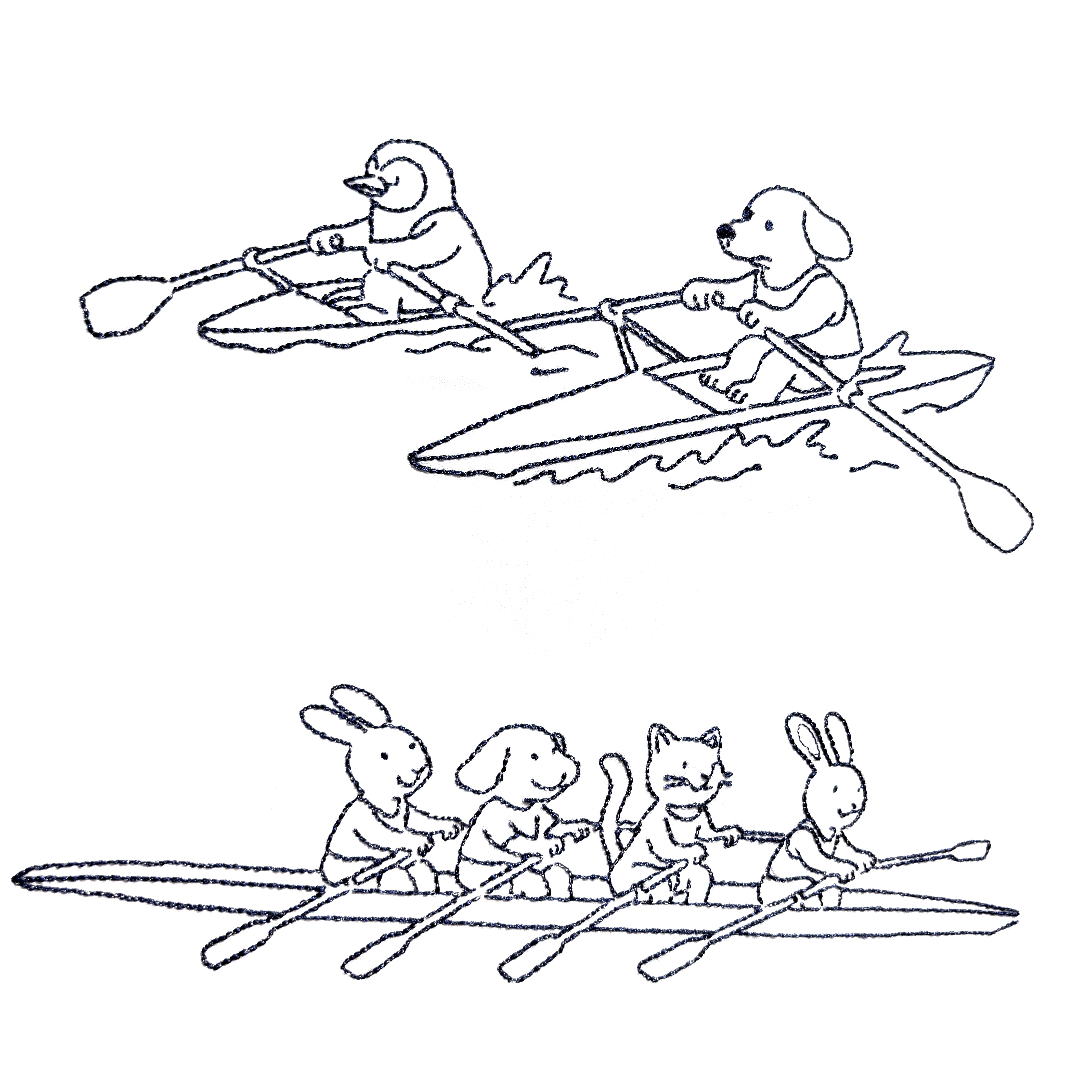 Baltas sijonas megaitei, siuvinėtas šuniukų-irkluotojų nuotykių piešiniais