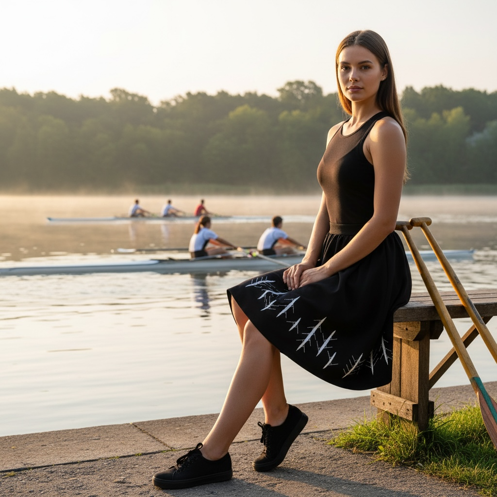 Juodas sijonas, siuvinėtas valčių piešiniu