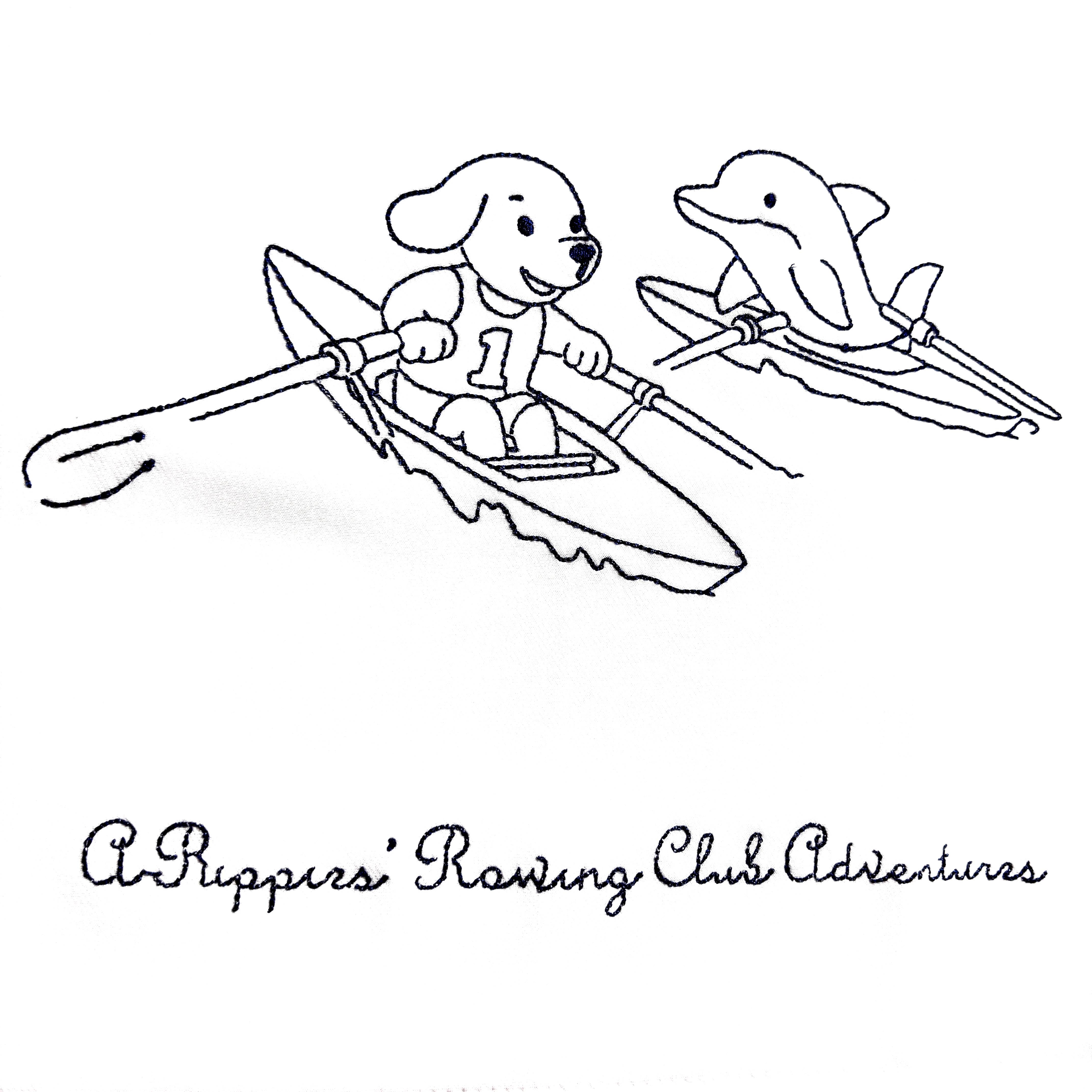 Baltas sijonas megaitei, siuvinėtas šuniukų-irkluotojų nuotykių piešiniais